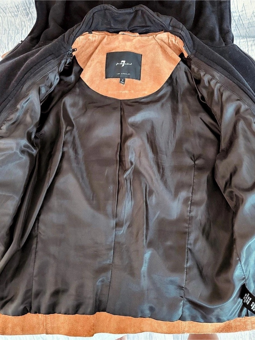 7 For All Mankind Suede Moto Jacket in Brown & Black Size Small - Picture 6 of 7